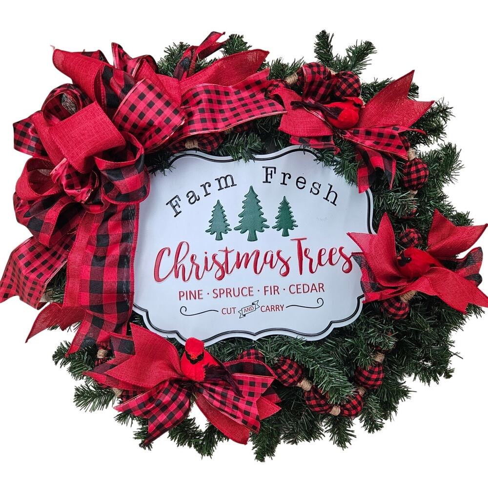 24" Farmhouse Wreath Red Black Check Cardinals Christmas Quality Handmade